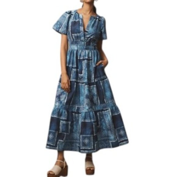 Anthropologie The Somerset Maxi Dress, Short Sleeve, Smocked, Tiered, Blue, XL - Picture 2 of 8